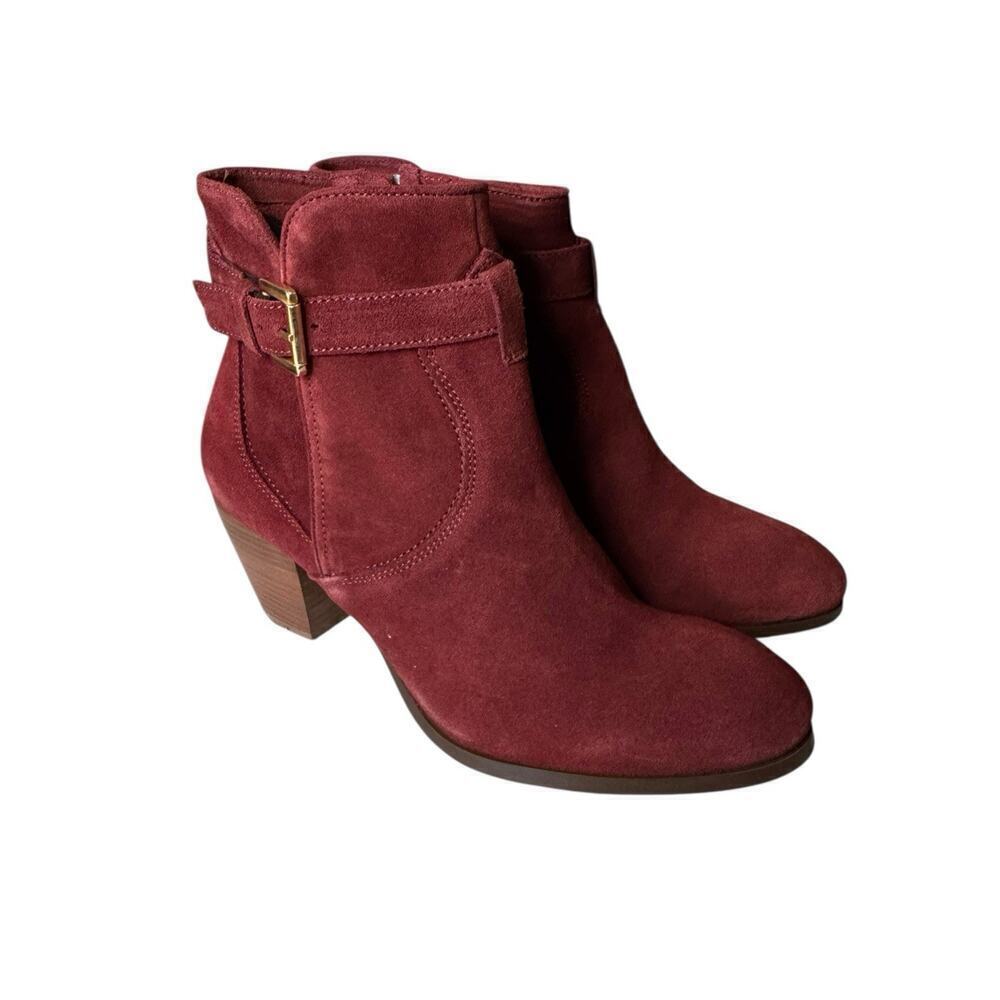 Diba NEW Sleek Bootie Burgundy Suede Gold Buckle Ankle Women Size 9.5